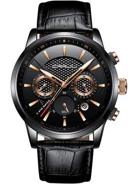 Men's Black Gold Chronograph Leather Strap Quartz Waterproof Classic Wrist Watch